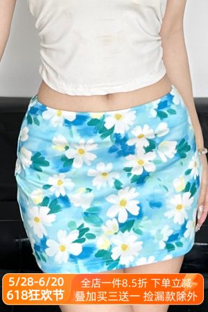 Floral Bodycon Midi Skirt in Blue - Small Daisy Print, Oil Paint Design, Women's Spring Fashion, Fresh & Vibrant Style