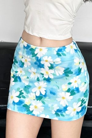 Floral Bodycon Midi Skirt in Blue - Small Daisy Print, Oil Paint Design, Women's Spring Fashion, Fresh & Vibrant Style