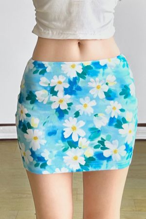 Floral Bodycon Midi Skirt in Blue - Small Daisy Print, Oil Paint Design, Women's Spring Fashion, Fresh & Vibrant Style