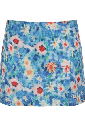 Floral Bodycon Midi Skirt in Blue - Small Daisy Print, Oil Paint Design, Women's Spring Fashion, Fresh & Vibrant Style