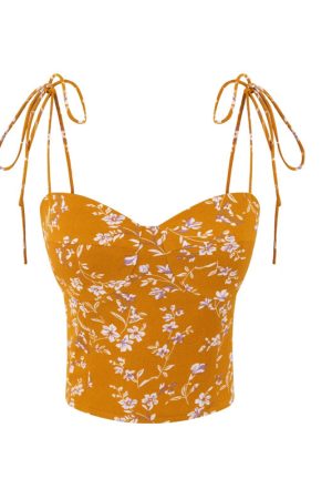 Floral Bow Tie Crop Cami Top for Women - Handmade Vintage Style, French Design, Spring/Summer 2025 Vacation Essential