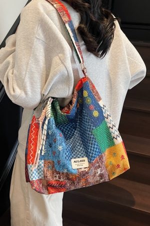 Floral Canvas Crossbody Bag for Women - Large Capacity Ethnic Style Shoulder Tote for Summer 2025, Perfect for Students and Commuting