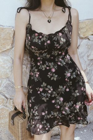 Floral Chiffon Camisole Mini Dress - Vintage French Style Slimming Summer Dress for Vacation, Y2K Aesthetic