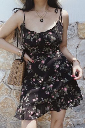 Floral Chiffon Camisole Mini Dress - Vintage French Style Slimming Summer Dress for Vacation, Y2K Aesthetic