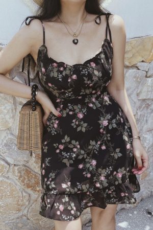 Floral Chiffon Camisole Mini Dress - Vintage French Style Slimming Summer Dress for Vacation, Y2K Aesthetic