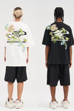 Floral Chinese Embroidery Short Sleeve T-Shirt - Street Style Couple Tee, Y2K National Trend Fashion, Korean Inspired