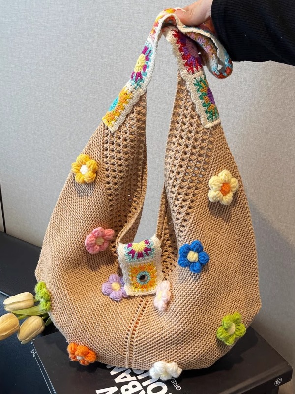 Floral Cotton Woven Tote Bag for Women - Large Capacity Shoulder Bag, Summer 2025 Lazy Style Vacation Accessory Floral Cotton Woven Tote Bag for Women - Large Capacity Shoulder Bag, Summer 2025 Lazy Style Vacation Accessory