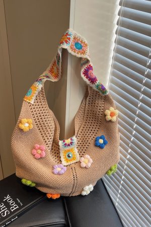 Floral Cotton Woven Tote Bag for Women - Large Capacity Shoulder Bag, Summer 2025 Lazy Style Vacation Accessory