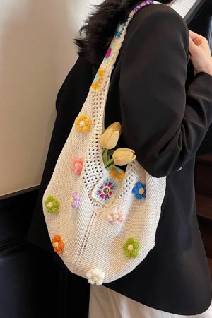 Floral Cotton Woven Tote Bag for Women - Large Capacity Shoulder Bag, Summer 2025 Lazy Style Vacation Accessory