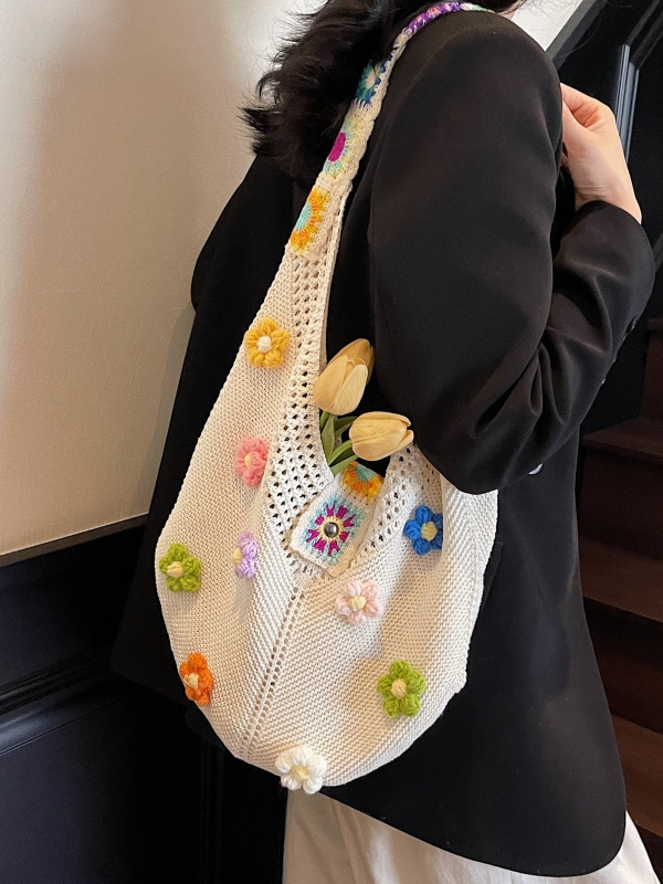 Floral Cotton Woven Tote Bag for Women - Large Capacity Shoulder Bag, Summer 2025 Lazy Style Vacation Accessory Floral Cotton Woven Tote Bag for Women - Large Capacity Shoulder Bag, Summer 2025 Lazy Style Vacation Accessory