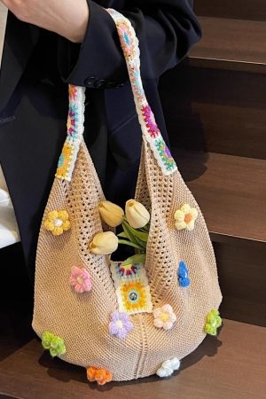 Floral Cotton Woven Tote Bag for Women - Large Capacity Shoulder Bag, Summer 2025 Lazy Style Vacation Accessory