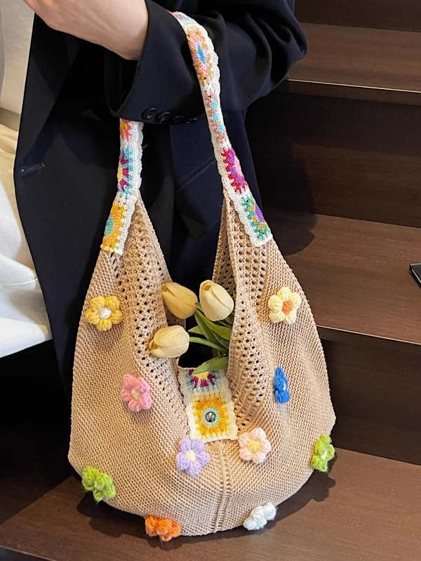 Floral Cotton Woven Tote Bag for Women - Large Capacity Shoulder Bag, Summer 2025 Lazy Style Vacation Accessory Floral Cotton Woven Tote Bag for Women - Large Capacity Shoulder Bag, Summer 2025 Lazy Style Vacation Accessory