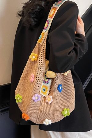 Floral Cotton Woven Tote Bag for Women - Large Capacity Shoulder Bag, Summer 2025 Lazy Style Vacation Accessory