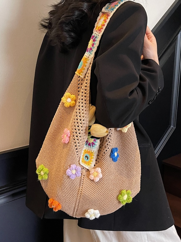 Floral Cotton Woven Tote Bag for Women - Large Capacity Shoulder Bag, Summer 2025 Lazy Style Vacation Accessory Floral Cotton Woven Tote Bag for Women - Large Capacity Shoulder Bag, Summer 2025 Lazy Style Vacation Accessory