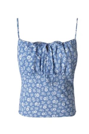 Floral Drawstring Waist Cami Top for Women - Fresh Blue, French Square Neck, Slimming Design for Spring Summer Vacation