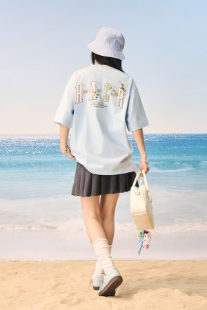 Floral Embroidery Patch Couple Loose Short Sleeve T-Shirt - 2025 Summer Style, Y2K Inspired Fashion for Trendy Looks