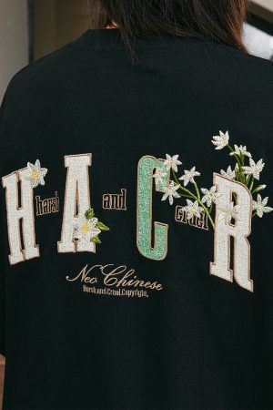 Floral Embroidery Patch Couple Loose Short Sleeve T-Shirt - 2025 Summer Style, Y2K Inspired Fashion for Trendy Looks