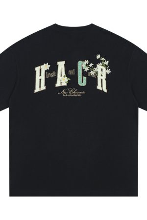 Floral Embroidery Patch Couple Loose Short Sleeve T-Shirt - 2025 Summer Style, Y2K Inspired Fashion for Trendy Looks