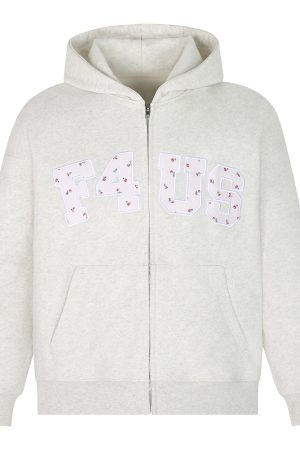 Floral Embroidery Zipper Hoodie Jacket for Couples - Loose Fit Autumn and Winter National Trend Outerwear