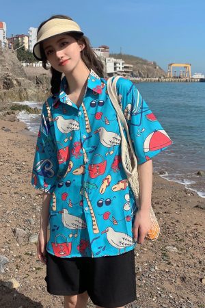 Floral Hawaiian Short Sleeve Shirt for Women, Loose Hong Kong Style Top, Unique Beachwear, Trendy Summer Fashion