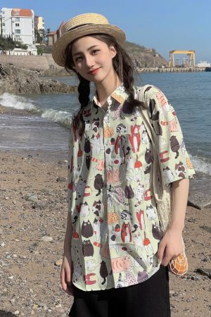 Floral Hawaiian Short Sleeve Shirt for Women, Loose Hong Kong Style Top, Unique Beachwear, Trendy Summer Fashion