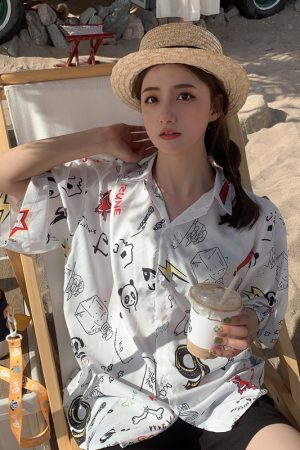 Floral Hawaiian Short Sleeve Shirt for Women, Loose Hong Kong Style Top, Unique Beachwear, Trendy Summer Fashion