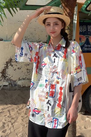 Floral Hawaiian Short Sleeve Shirt for Women, Loose Hong Kong Style Top, Unique Beachwear, Trendy Summer Fashion