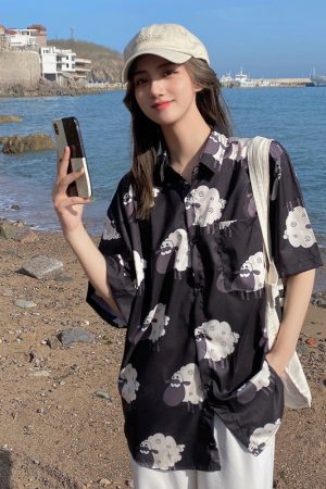 Floral Hawaiian Short Sleeve Shirt for Women, Loose Hong Kong Style Top, Unique Beachwear, Trendy Summer Fashion