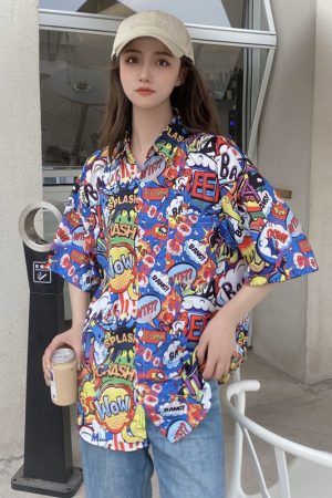 Floral Hawaiian Short Sleeve Shirt for Women, Loose Hong Kong Style Top, Unique Beachwear, Trendy Summer Fashion