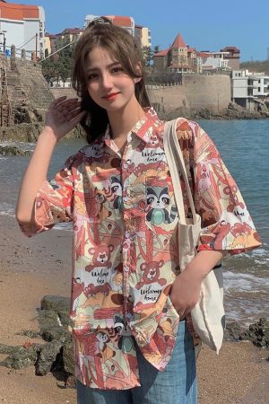 Floral Hawaiian Short Sleeve Shirt for Women, Loose Hong Kong Style Top, Unique Beachwear, Trendy Summer Fashion
