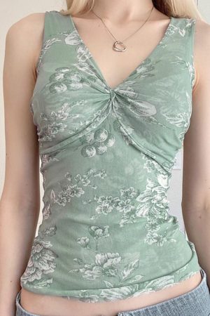 Floral Knotted Vest for Women - Slim Fit Wide Strap Mesh Camisole - Summer Forest Style Top