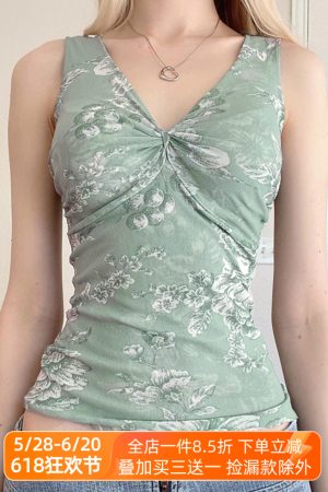 Floral Knotted Vest for Women - Slim Fit Wide Strap Mesh Camisole - Summer Forest Style Top