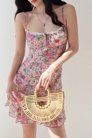 Floral Lace Cami Dress for Women - Slim Fit Vintage Style, Waist-Defined, Perfect for Vacation and Summer Days