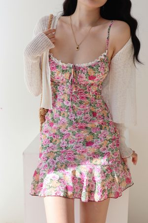 Floral Lace Cami Dress for Women - Slim Fit Vintage Style, Waist-Defined, Perfect for Vacation and Summer Days