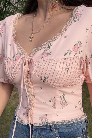 Floral Lace Trim Puff Sleeve Top - DIY 2025 Spring/Summer French Romantic Style, Waist-Cinched, Short Sleeve