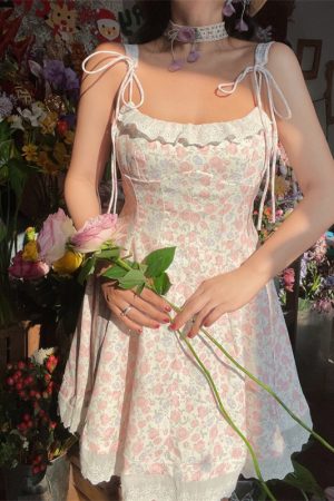 Floral Lace Trim Tie Strap Camisole Dress â€“ Handmade Spring Summer Fairy Style Vacation Dress with Australian Niche Design