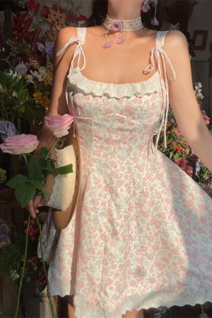 Floral Lace Trim Tie Strap Camisole Dress â€“ Handmade Spring Summer Fairy Style Vacation Dress with Australian Niche Design