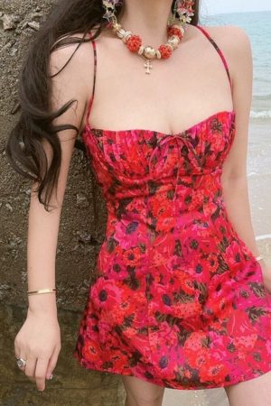 Floral Lace-Up Camisole and Short Skirt Set - 2024 Spring/Summer American Retro Court Style Vacation Outfit