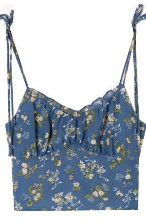 Floral Lace-Up Camisole for Women, Fresh Girl Style, Slim Fit, Elastic Pleats, Flattering Design, Y2K Fashion