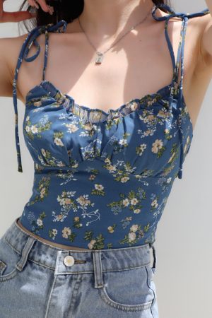 Floral Lace-Up Camisole for Women, Fresh Girl Style, Slim Fit, Elastic Pleats, Flattering Design, Y2K Fashion