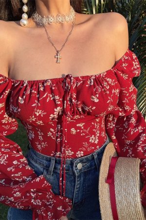 Floral Lantern Sleeve Shirt with Square Neck, Drawstring Waist - Handmade, Vacation Ready for Spring/Summer 2025