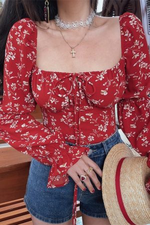 Floral Lantern Sleeve Shirt with Square Neck, Drawstring Waist - Handmade, Vacation Ready for Spring/Summer 2025