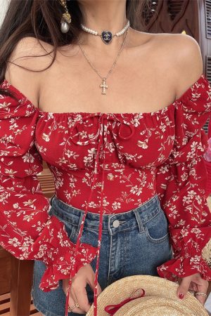 Floral Lantern Sleeve Shirt with Square Neck, Drawstring Waist - Handmade, Vacation Ready for Spring/Summer 2025