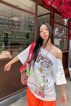 Floral Letter Print Off-Shoulder Short Sleeve T-Shirt for Women, Slim Fit Summer Top, American Style, Y2K Fashion