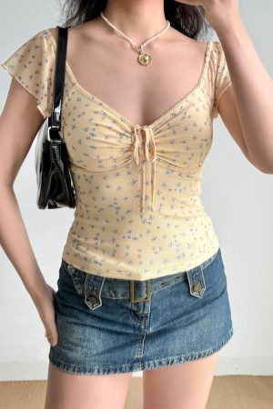 Floral Mesh Short Sleeve T-shirt for Women with Tie V-neck - Trendy European American Style Hot Girl Top