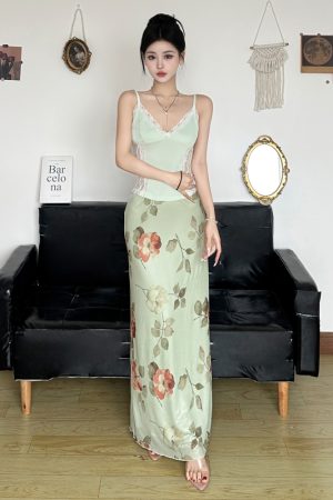 Floral Mesh Straight Skirt - Women's Elegant Draped Midi Skirt in Green and Fresh, Chinese Style Rose Design