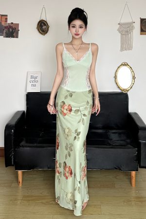 Floral Mesh Straight Skirt - Women's Elegant Draped Midi Skirt in Green and Fresh, Chinese Style Rose Design