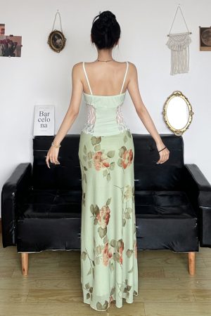 Floral Mesh Straight Skirt - Women's Elegant Draped Midi Skirt in Green and Fresh, Chinese Style Rose Design