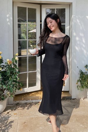 Floral Mesh Two-Piece Long Sleeve Bodycon Dress - Sexy Slim Fit with Long Skirt - Y2K Inspired Fashion