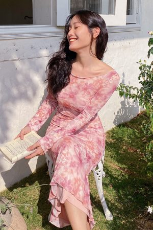 Floral Mesh Two-Piece Long Sleeve Bodycon Dress - Sexy Slim Fit with Long Skirt - Y2K Inspired Fashion